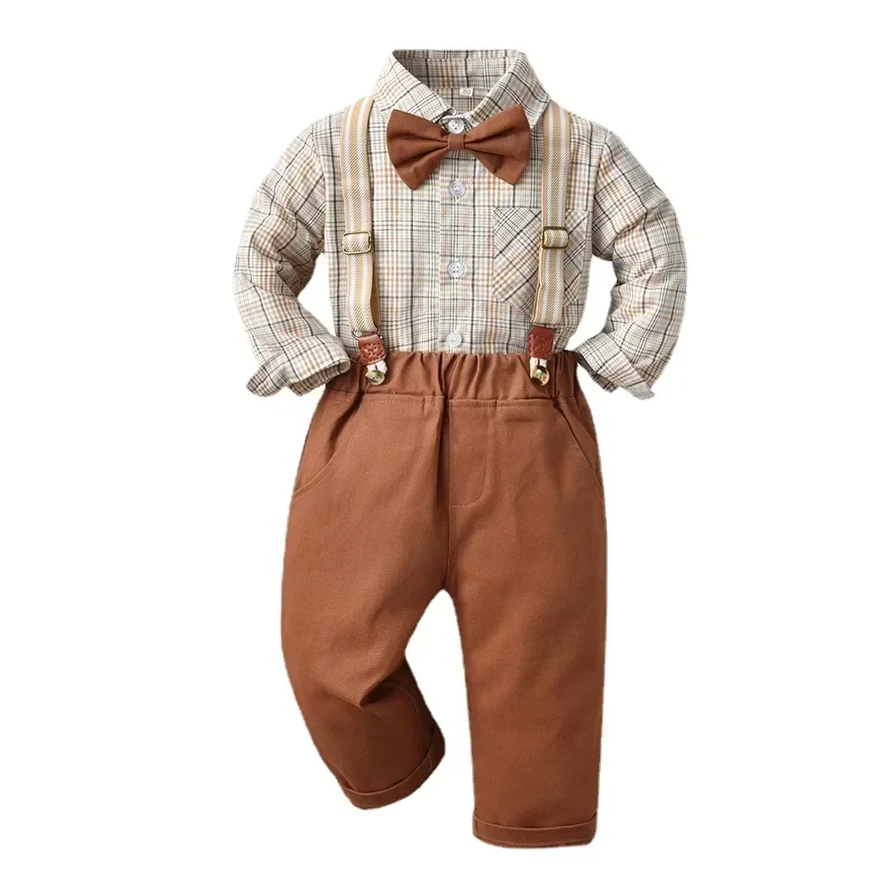 

70cm-160cm Boy Autumn Cotton Long Sleeve Plaid Shirt & Red Strap Pants Set