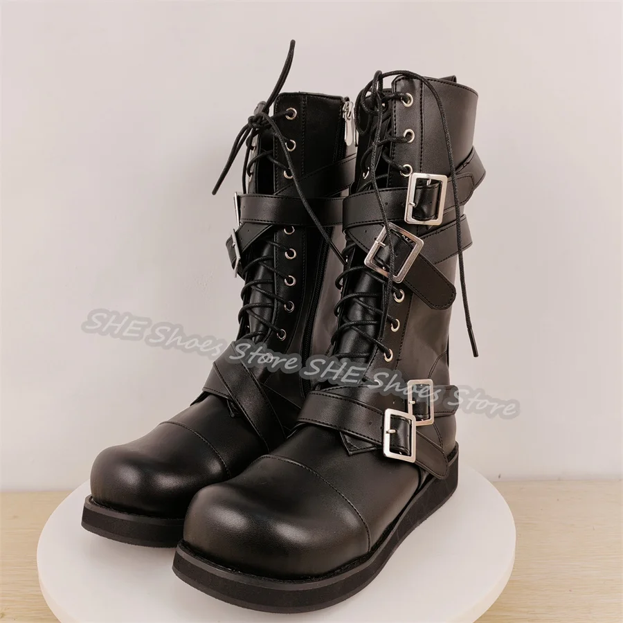 Punk Blet Buckle Cross-Strap Women Mid-Calf Boots Handmade Leather Lace-Up Motorcycle Boots Lady Outside Footwear Shoes
