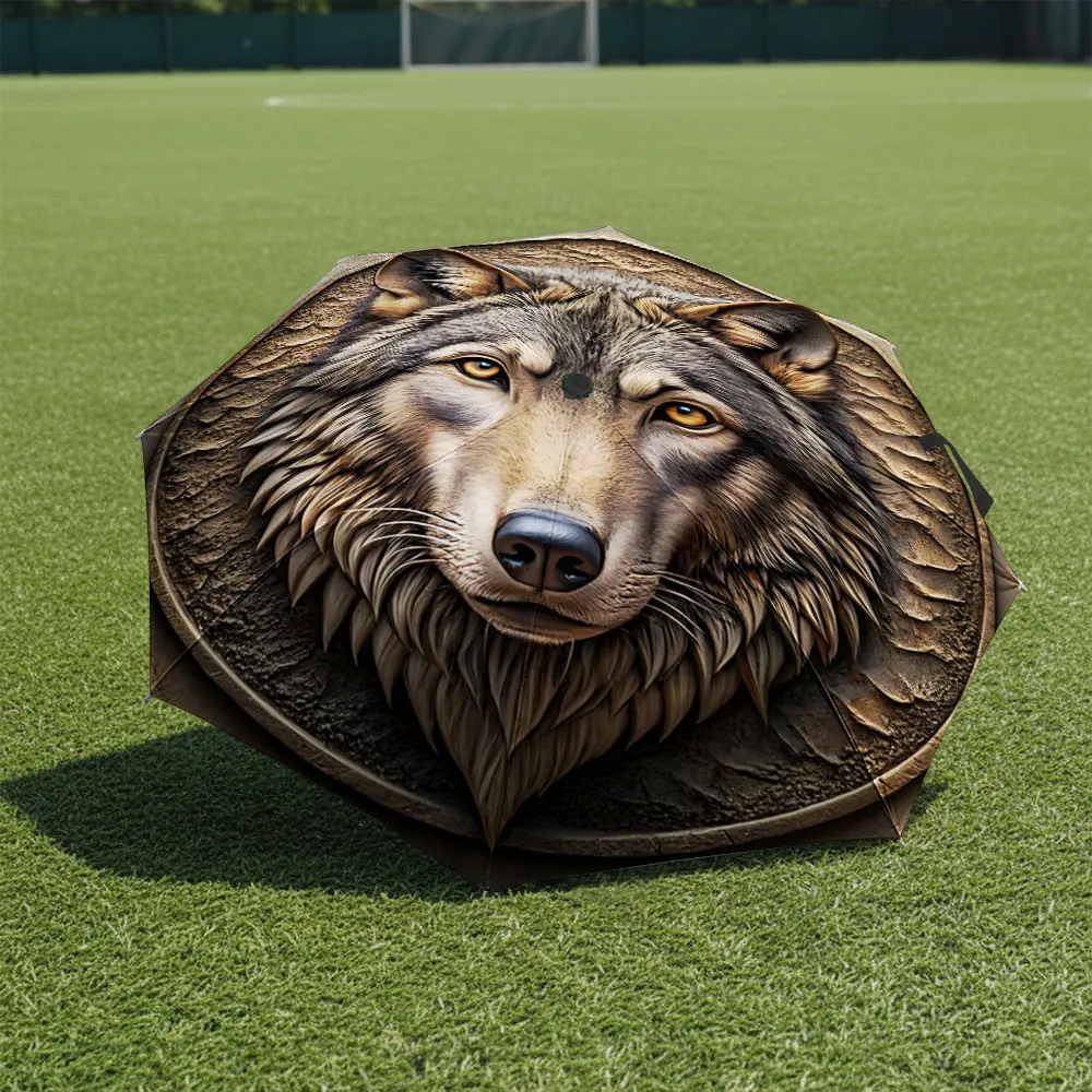 1P C A wolf-themed umbrella in front of a majestic building Print 8 Iron Ribs Folding Umbrella Auto-Open Fashion Sunshade