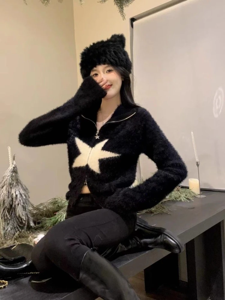 Deeptown Y2K Vintage Star Pattern Knitted Cardigan Women Harajuku Kpop Zipper Oversized Sweater Korean Casual Cropped Tops 2000s