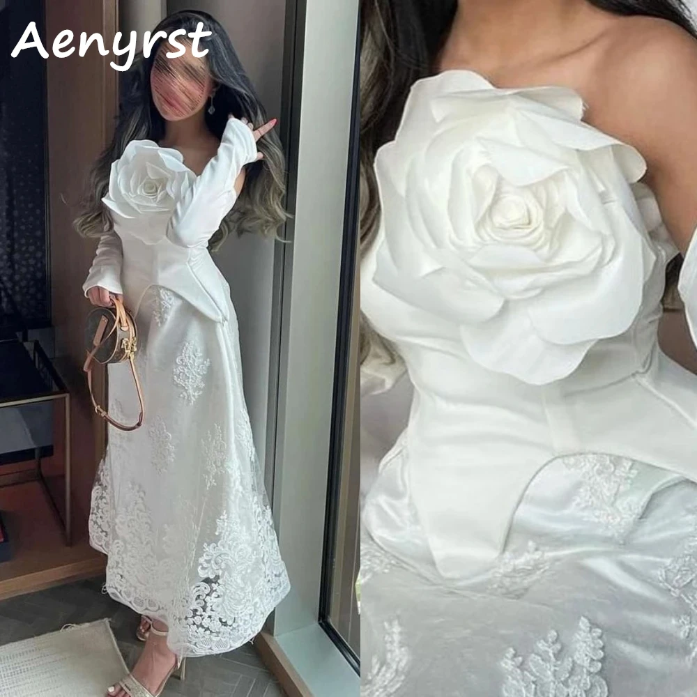 Aenyrst 3D Flowers Lace Strapless Dubai Prom Dresses A Line Long Sleeves Evening Gowns For Women Appliques Birthday Party Dress