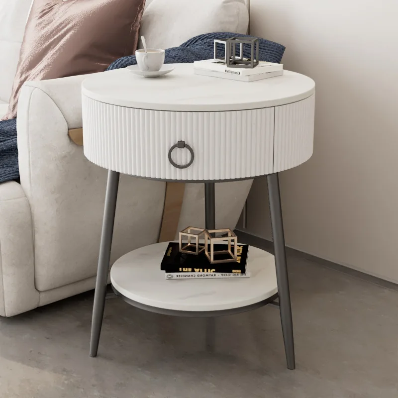 

Creative Living Room Sofa Side Cabinet Modern Luxury Round Sintered Stone Small Coffee Table with Drawer Storage