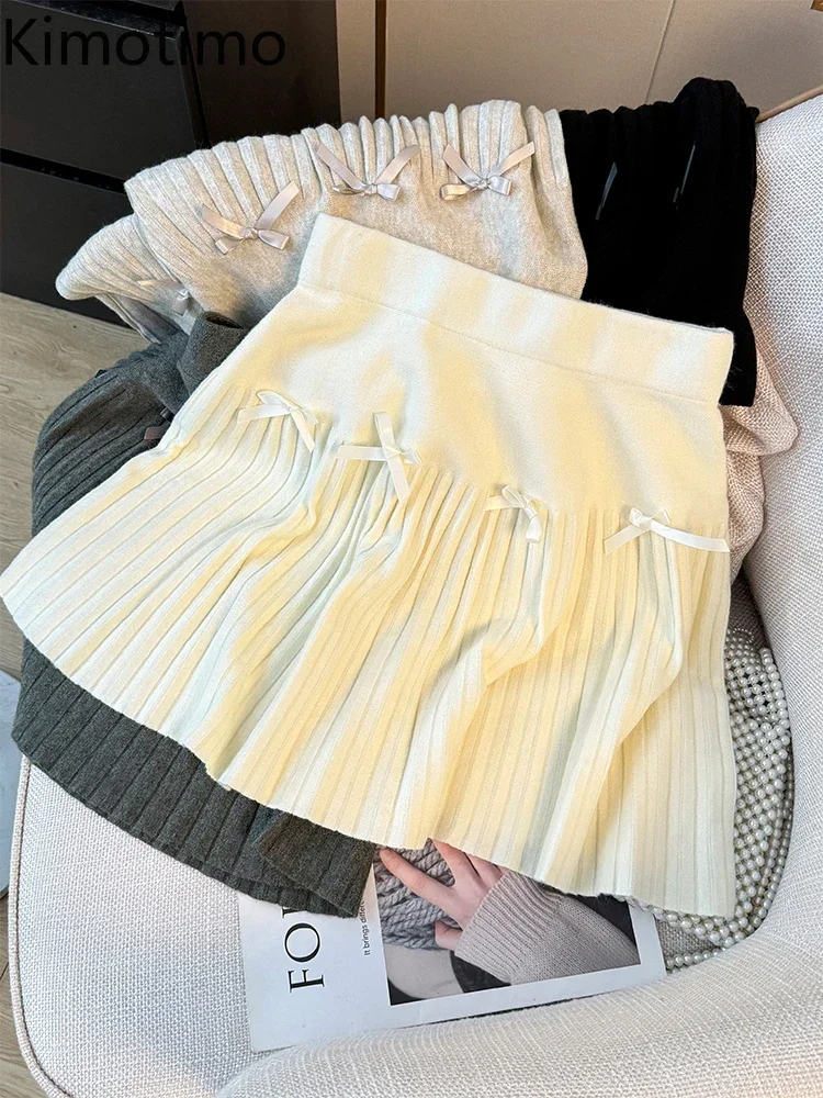 Kimotimo Japanese Sweet Bow Knitted Skirt Women Autumn Winter Fashion High Waist A-line Pleated Mini Skirts Faldas Y2k Outwear