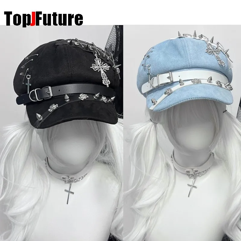 Women\'s Harajuku octagonal cap Gothic Punk Lolita Subculture Metal Heavy Industry Y2K Girl Spike Cap beret newsboy Painter\'s Hat