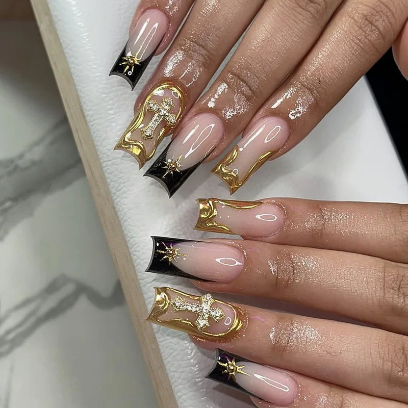 

24PCS Luxury Long Square False Nails Black French with Golden Irregular Pattern Star Fake Nails for Women Wearable Press on Nail