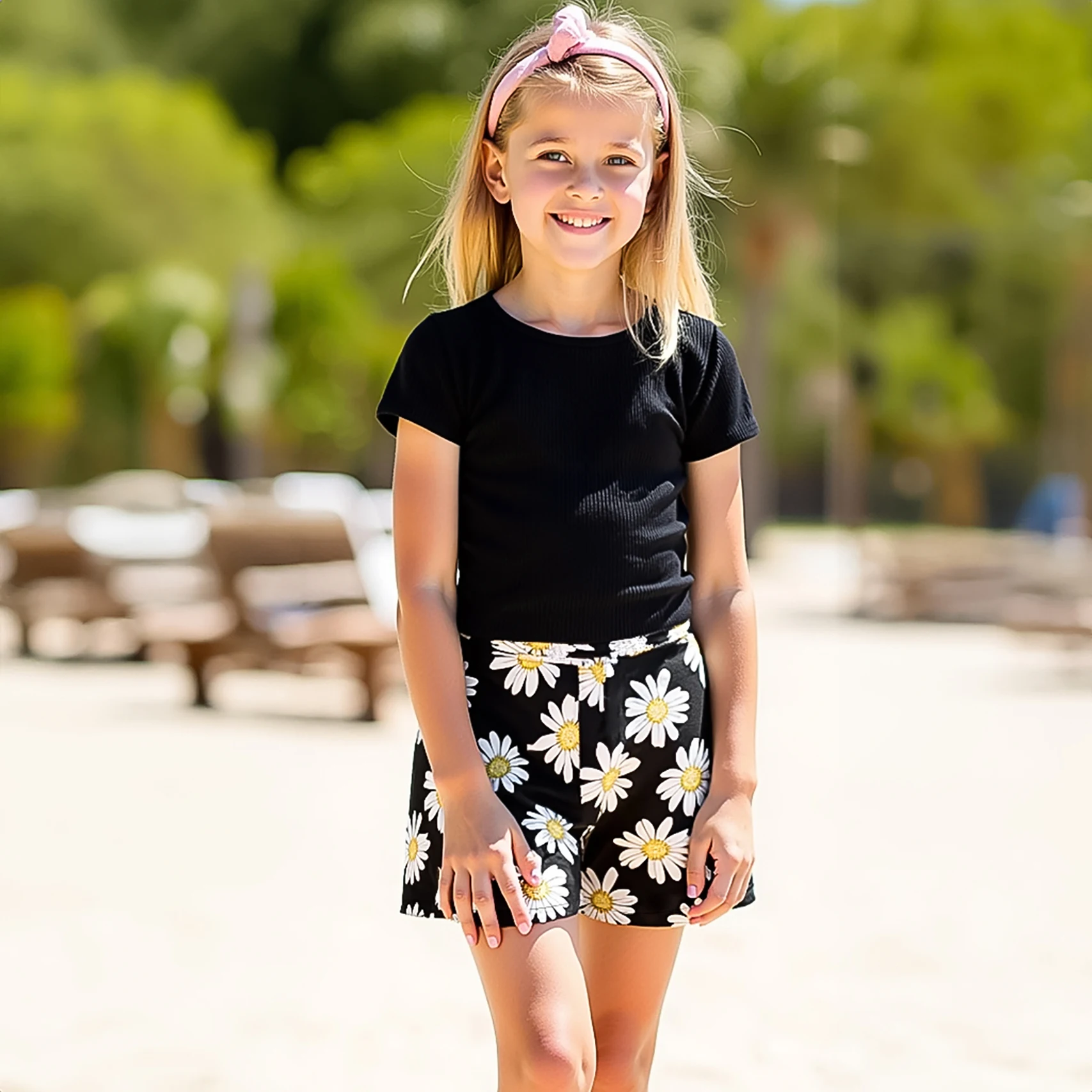 2-teiliges Sommer-Shorts-Set für Mädchen, einfarbiges, gestricktes Kurzarm-Oberteil mit Rundhalsausschnitt + Shorts mit elastischem Bund und Blumenmuster, bequeme Kinderkleidung für Mädchen für