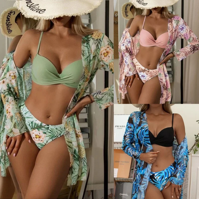 2024New Swimsuit Three-Piece Mesh Shawl Blouse Kimono Split Bikini Swimsuit