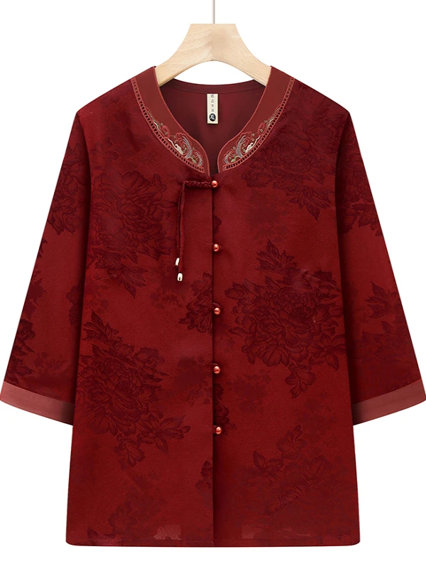 

Красная блузка для пожилых женщин, летняя модная одежда с рукавом три четверти, на день рождения для бабушки, свободный крой, на пуговицах, с цветочным узором