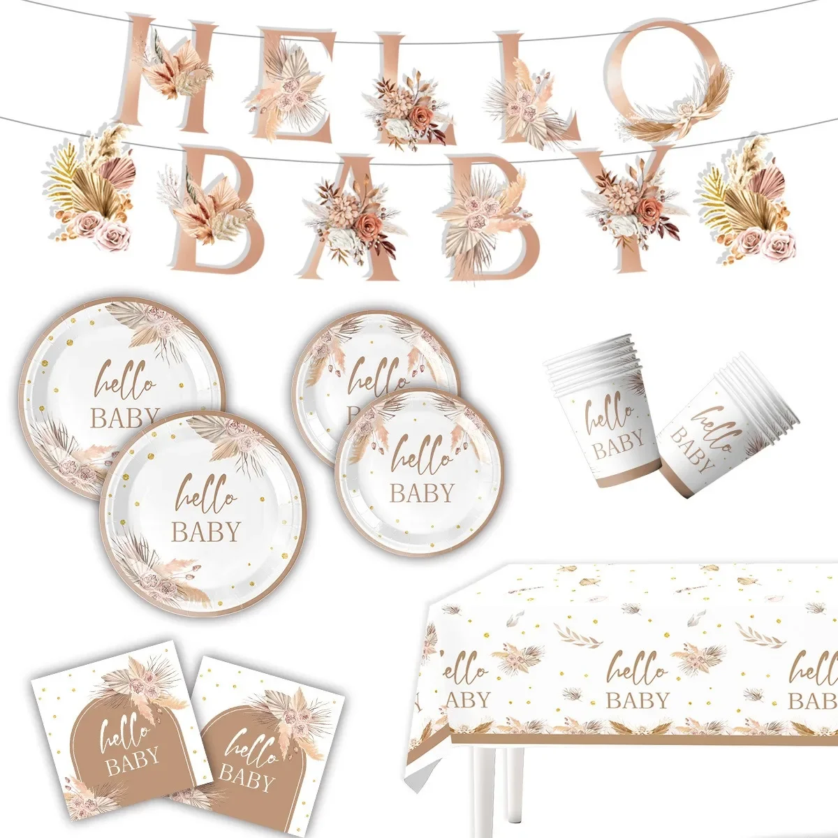 

Hello Baby Theme Disposable Tableware Flower Babyshower Party DIY Christening & Baptism Hello Baby Girl Or Boy Party Supplies