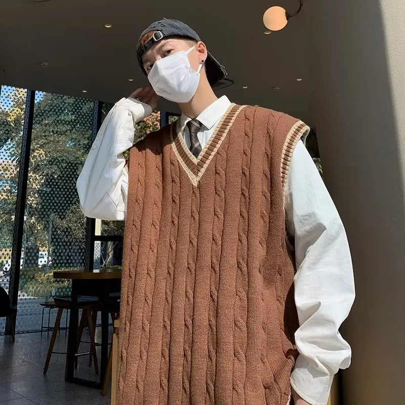 Sweater Vest Men V Neck Sleeveless Knitted Vests Tops Coats Knit Sweaters Splice Casual Loose Top Regular Autumn Winter