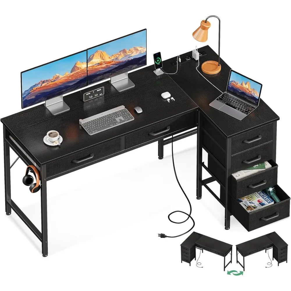 

50 Inch L Shaped Desk with Drawers, Computer Desk with Power Outlets, Home Office Desk with 6 Drawers