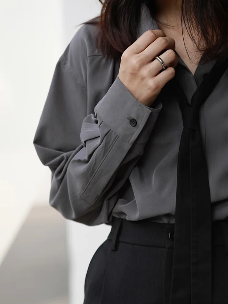 2024 Spring Minimalist Long Sleeve Button Up Shirt Women Korean Style Solid Tie Shirts Blouse Loose Clothes Tops