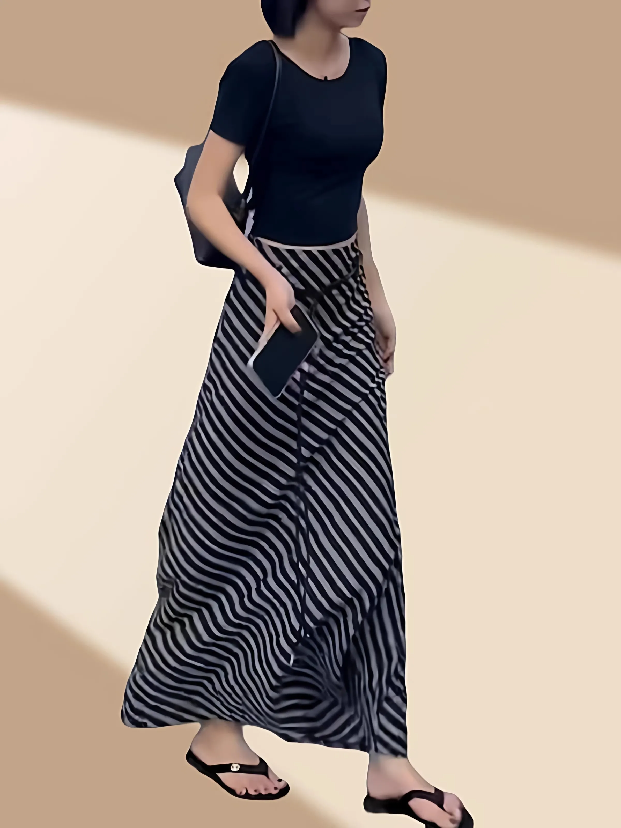 

High Waist A-Line Long Skirt Women's Summer New plus Size Small Figure High Waist Fish Tail Stripe Black Half Body Skirt