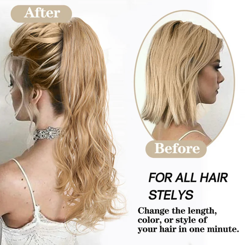 Synthetic fiber clip-on ponytail wig for women, long wavy hair with water wave pattern