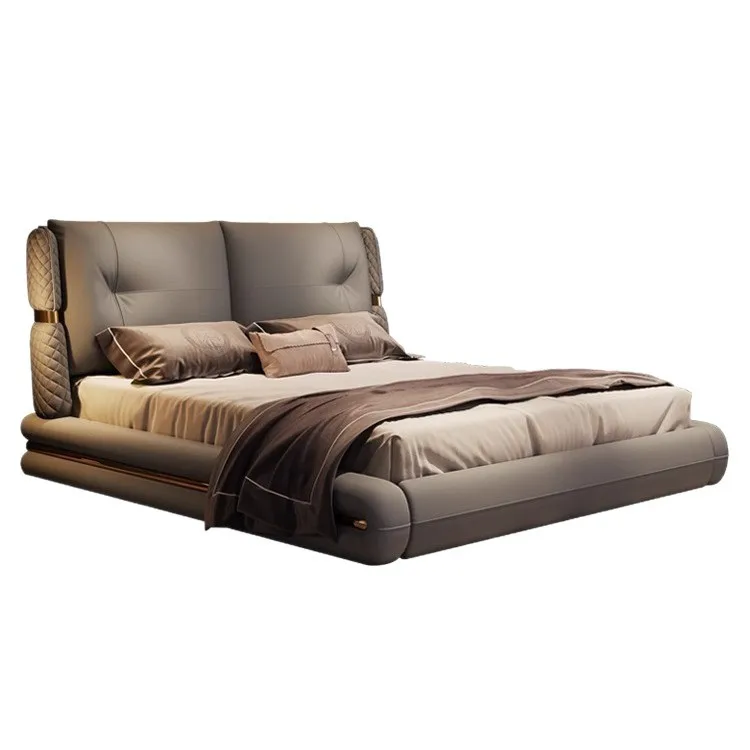 سرير جلدي إيطالي فاخر خفيف وحديث وبسيط وسرير مزدوج مصمم بأجواء راقية وأرضية حقيبة ناعمة لغرفة النوم الرئيسية #5