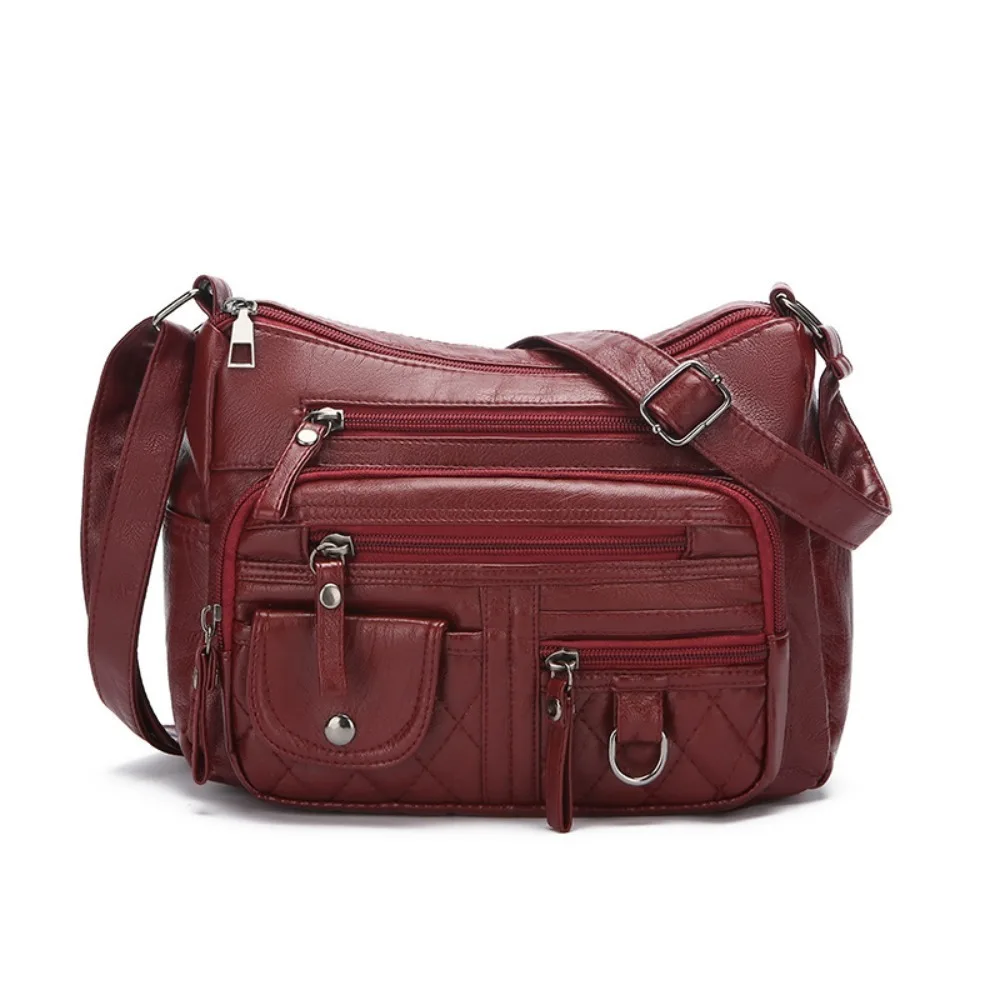

Soft Multiple Zip Pockets Shoulder Bag Retro Waterproof PU Leather Crossbody Bag Adjustable Strap Solid Color