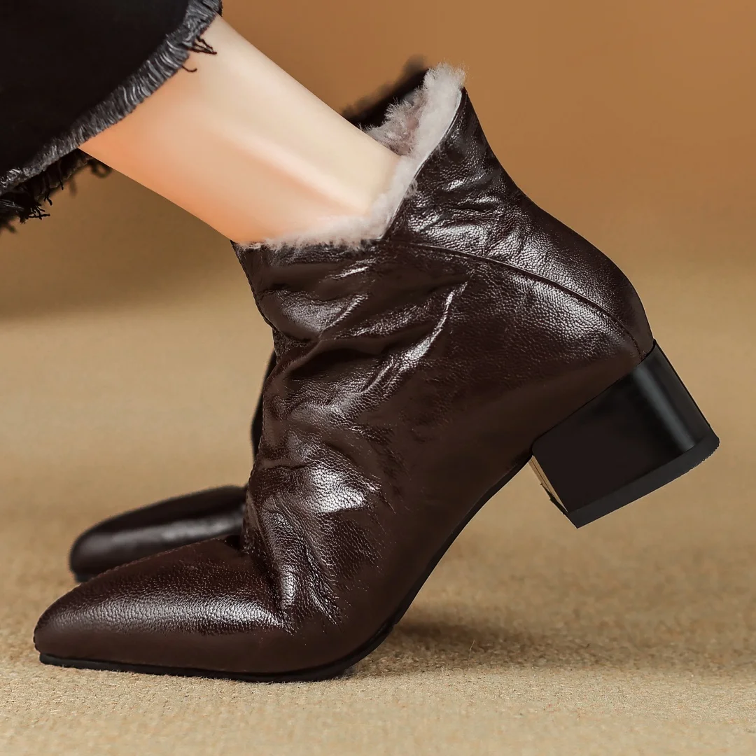 

Women's sheepskin pointed toe side zip wool inside autumn winter ankle snow boots 4cm thick low heel elegant ladies short boots