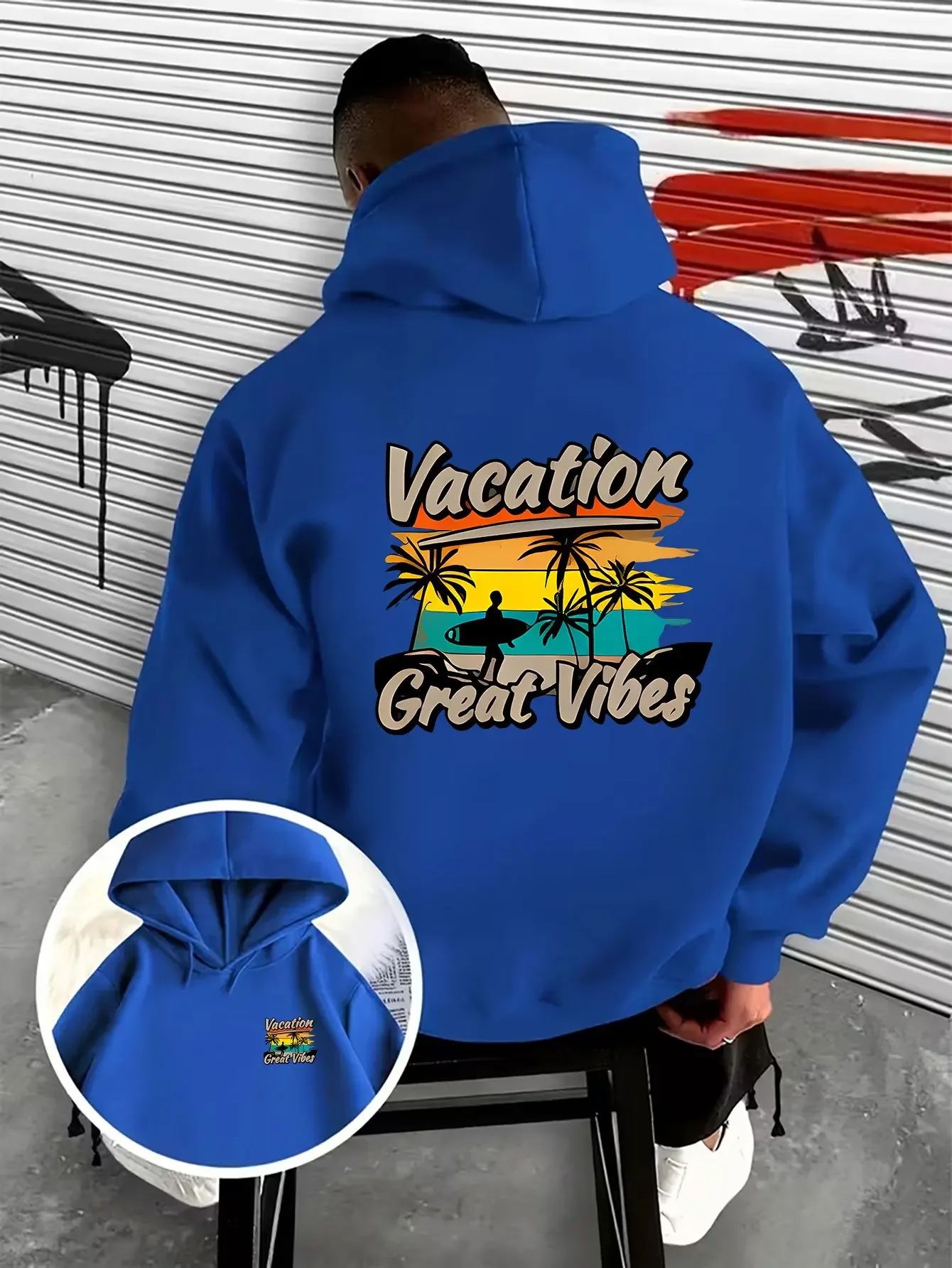 Vacation Great Vibes Retro Sunset Surfing Palm Tree Double Sided Print Oversized Hoodie