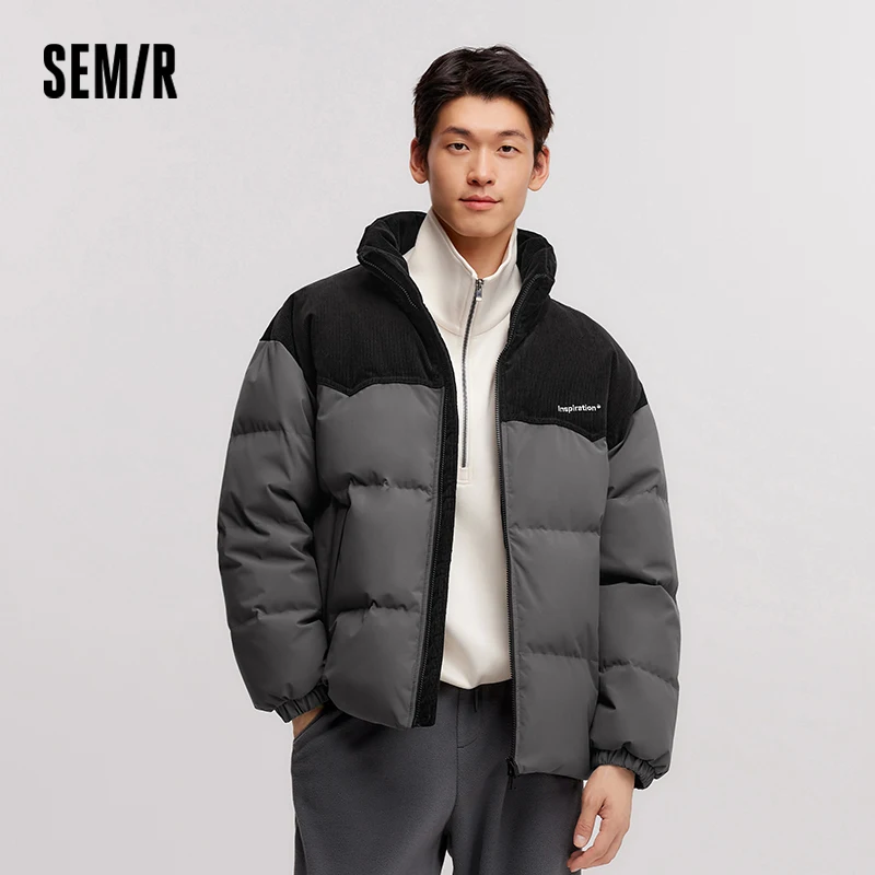 Semir Down Jacket Men 2024 Winter New Patchwork Corduroy Texture Coat Thick Loose Top Embroidered Down Jacket