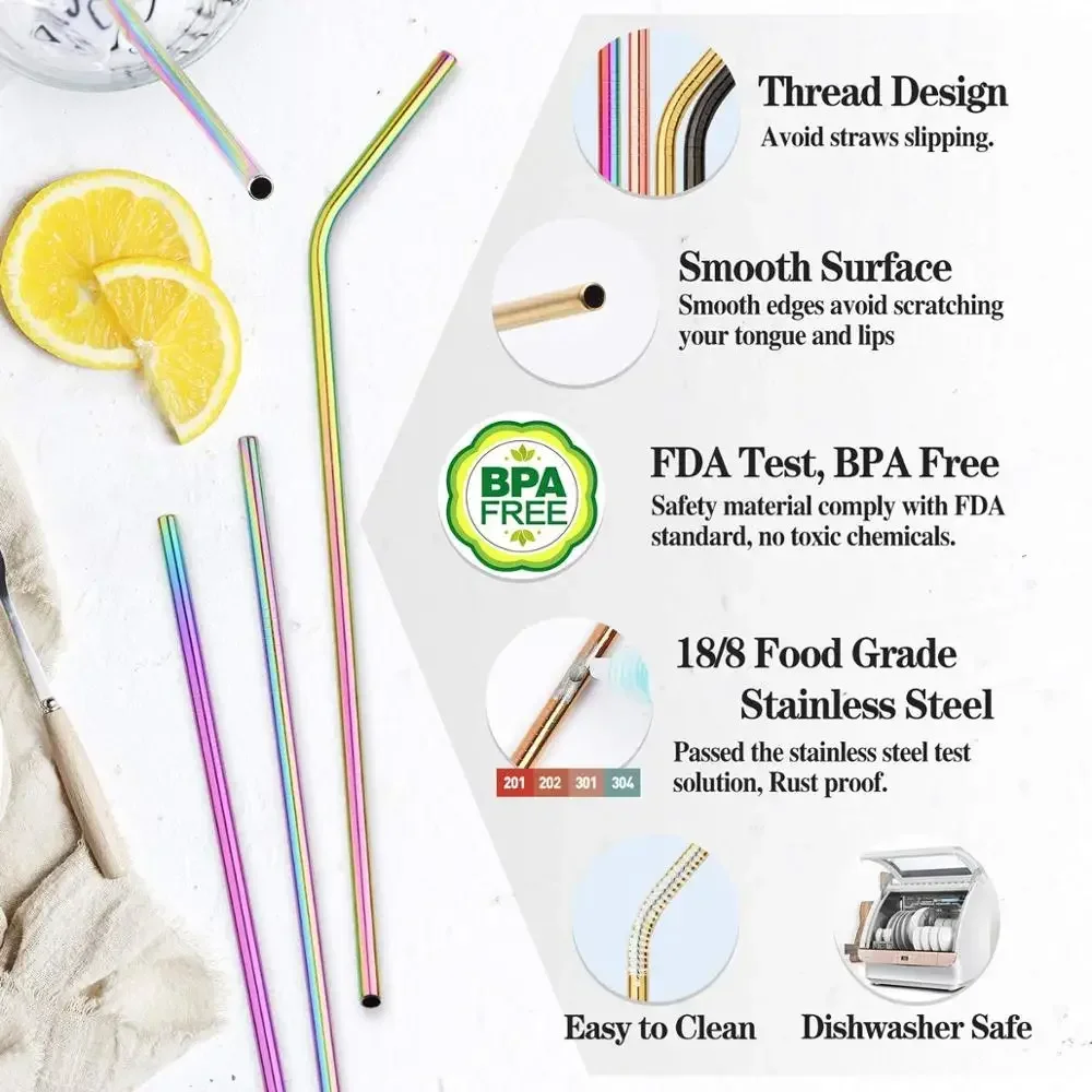 UPORS Reusable Drinking Straw 304 Stainless Steel Straws Straight Bent Metal Straw with Cleaner Brush Pouch Wholesale