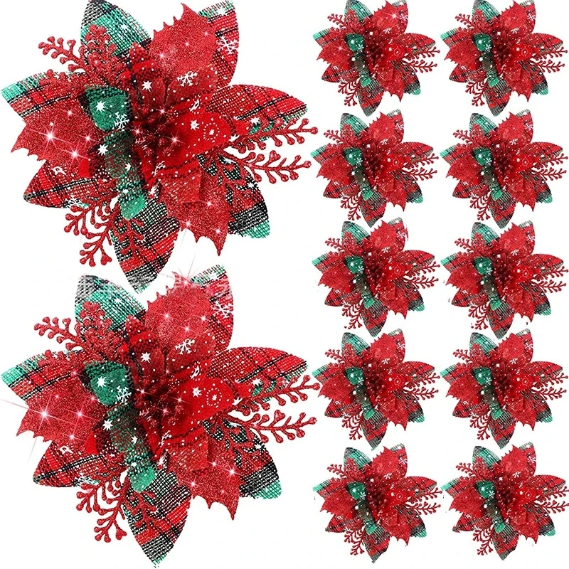10 Stück 15 cm glitzernde rosa Weihnachtsblumen Neujahr Weihnachtsbaum künstliche Blumenornamente 2025 Frohe Weihnachtsdekoration für Zuhause