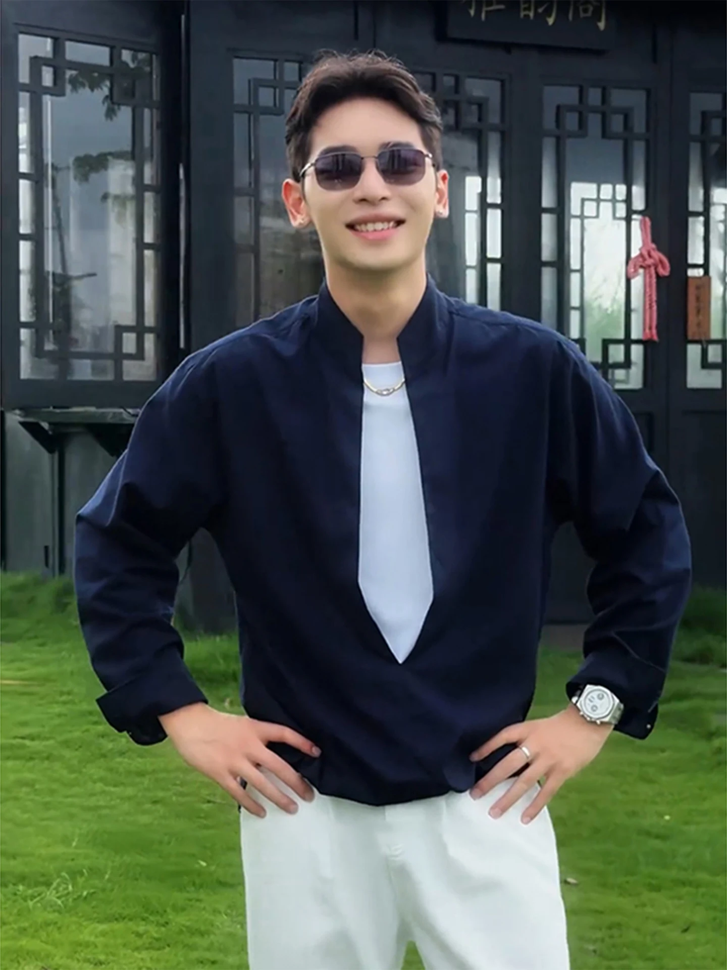 

Cobalt Blue Linen Long Sve irt Men's Autumn Casual Sle Stand Collar Fake Two-Piece irt American Old Money Sle