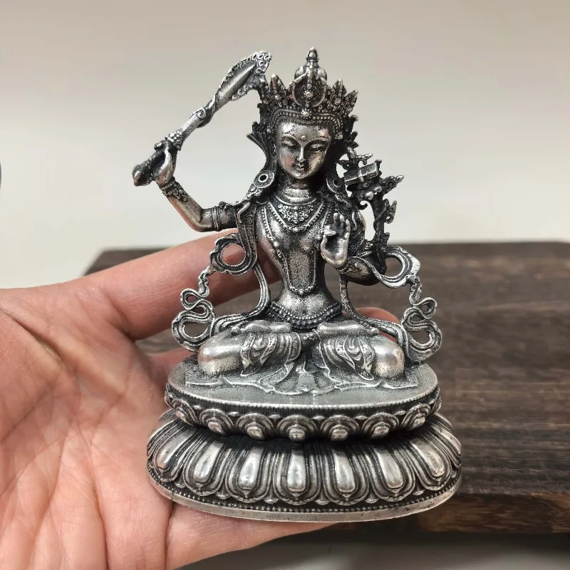 Retro Silver‑plated Manjushri Bodhisattva Figurine Tibetan Buddhism Wisdom God Statue Worship Tabletop Decoration Collectible