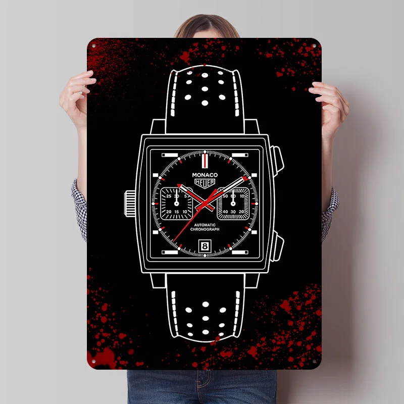 Monaco Watch Outline Printed Poster Customized Wall Art Retro Vintage Metal Tin Signs for Room Bedroom Decoration Gaming House