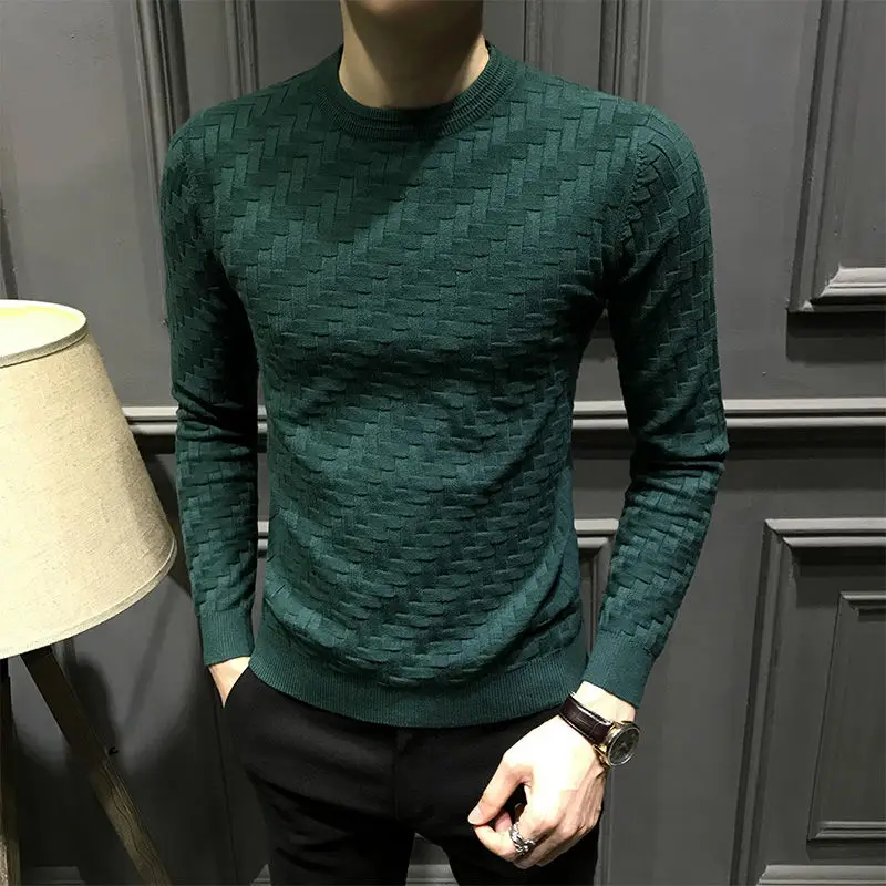Men's 2023 Autumn and Winter Pullover Round Neck Patchwork Jacquard Fashion Commuter Sweater Knitted Bottom Long Sleeved Top