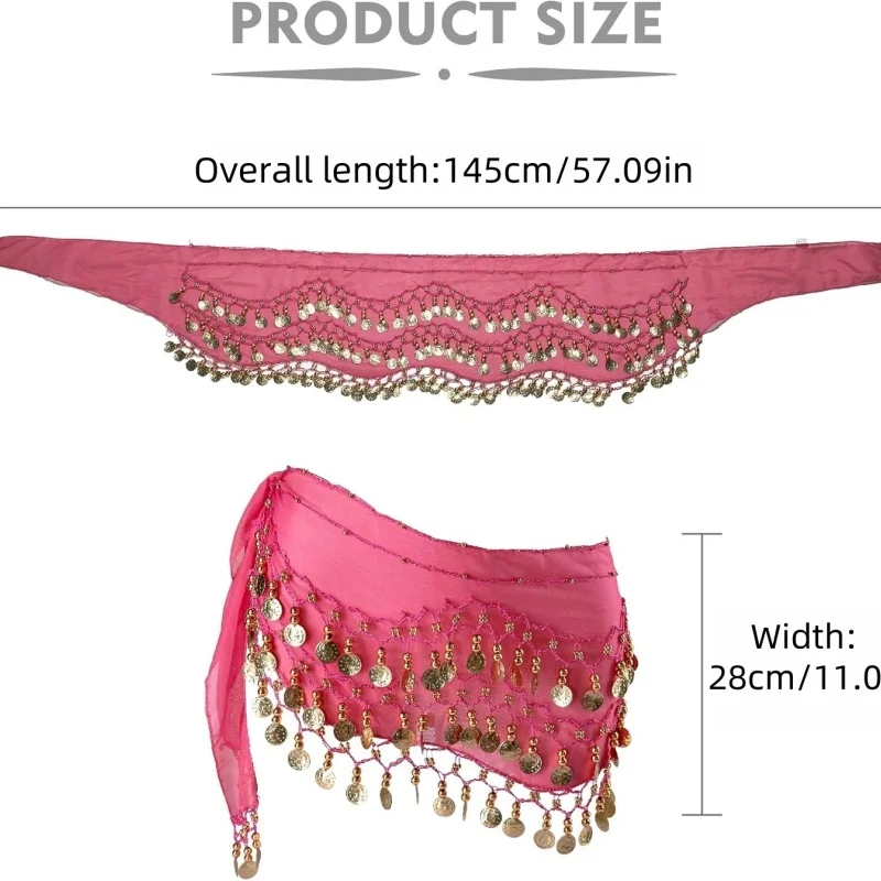Nova dança do ventre 3 fileiras cinto tom de ouro moedas cinto feminino 140cm lantejoulas borlas chiffon hip cachecol acessórios para cintos de dança do ventre