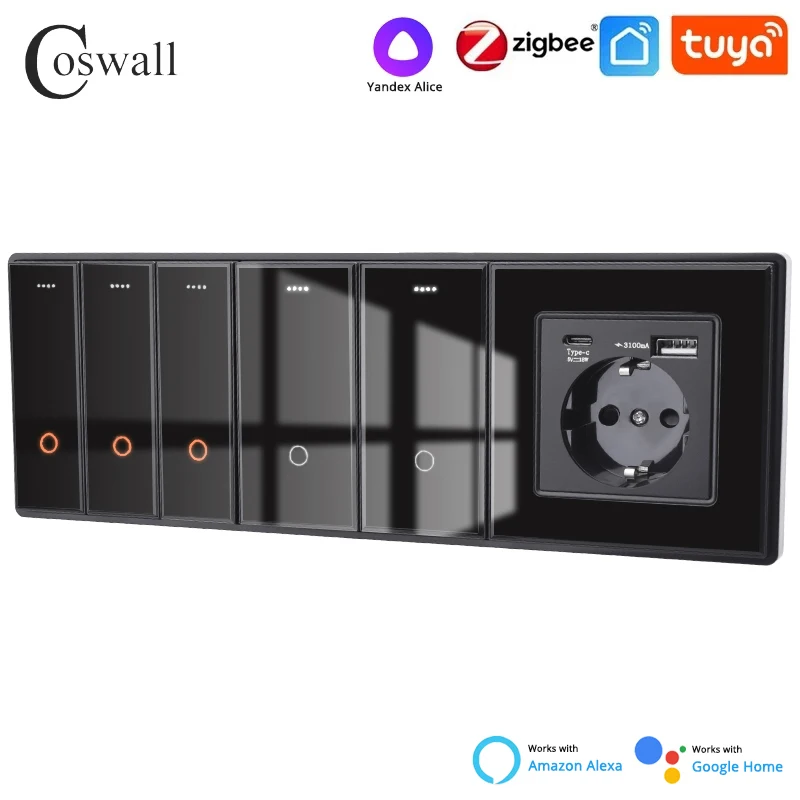 

COSWALL Черная стеклянная панель Zigbee 3.0 Переключатель включения/выключения и переключатель сцен Яндекс Алиса, розетка ЕС USB Быстрое зарядное устройство ТВ RJ45 Модуль DIY