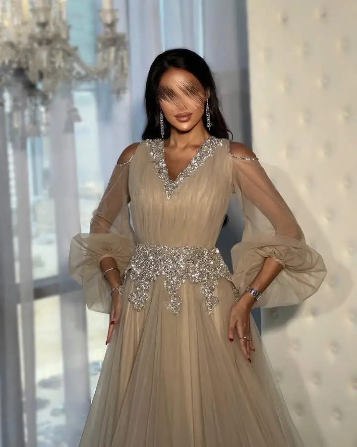 맞춤형 V넥 이브닝 드레스 풀 슬리브 튤 A라인 롱 프롬 가운 글리터 스팽글 비딩 플로어 길이 파티 드레스