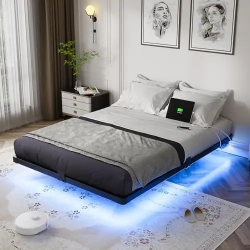 

Floating Bed Frame Full Size with Smart LED Lights and Charging Station - Modern Metal Platform Bed, Easy Assembly No