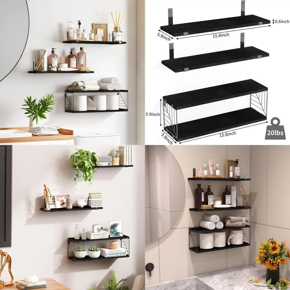 

15.8in Rustic Farmhouse Style Floating Shelves, 3+1 Tier, Wall Decor for Home - Black