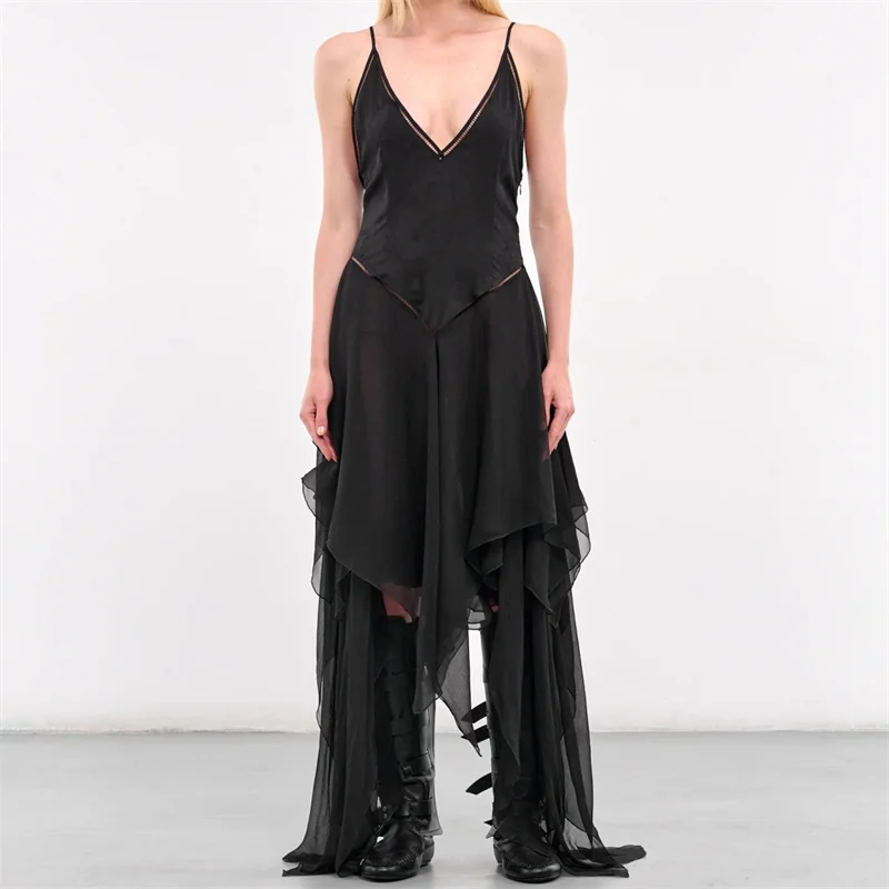 

Women's dress New mesh patchwork long dresses for summer 2025 Sexy backless sleeveless midi dresses suspender party dresses y2k