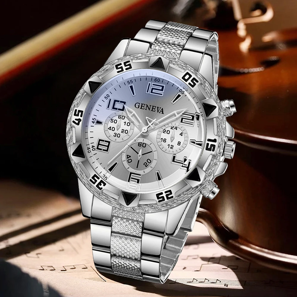 Geneva silver plate three eyed men's steel strap watch full diamond Cuban bracelet necklace three piece set,