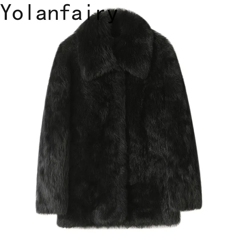 

YOLANFAIRY Luxury Winter Natural Fur Coat Women Lapel Mid-length Real Sheepskin Fur Integrated Jacket Korean Young Outerwear