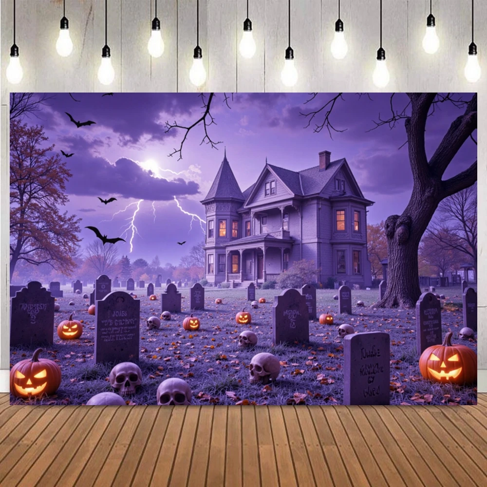Halloween Party Photography Background Purple Sky Lightning Castle Moon Tomb Pumpkin Lights Bat Terror Scene Banner Backdrop