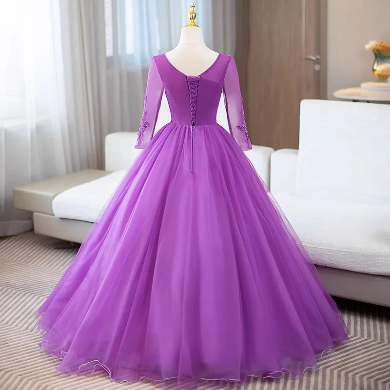 Vestido de baile roxo personalizado, vestidos quinceanera, apliques de tule, baile, festa de aniversário, ocasião formal