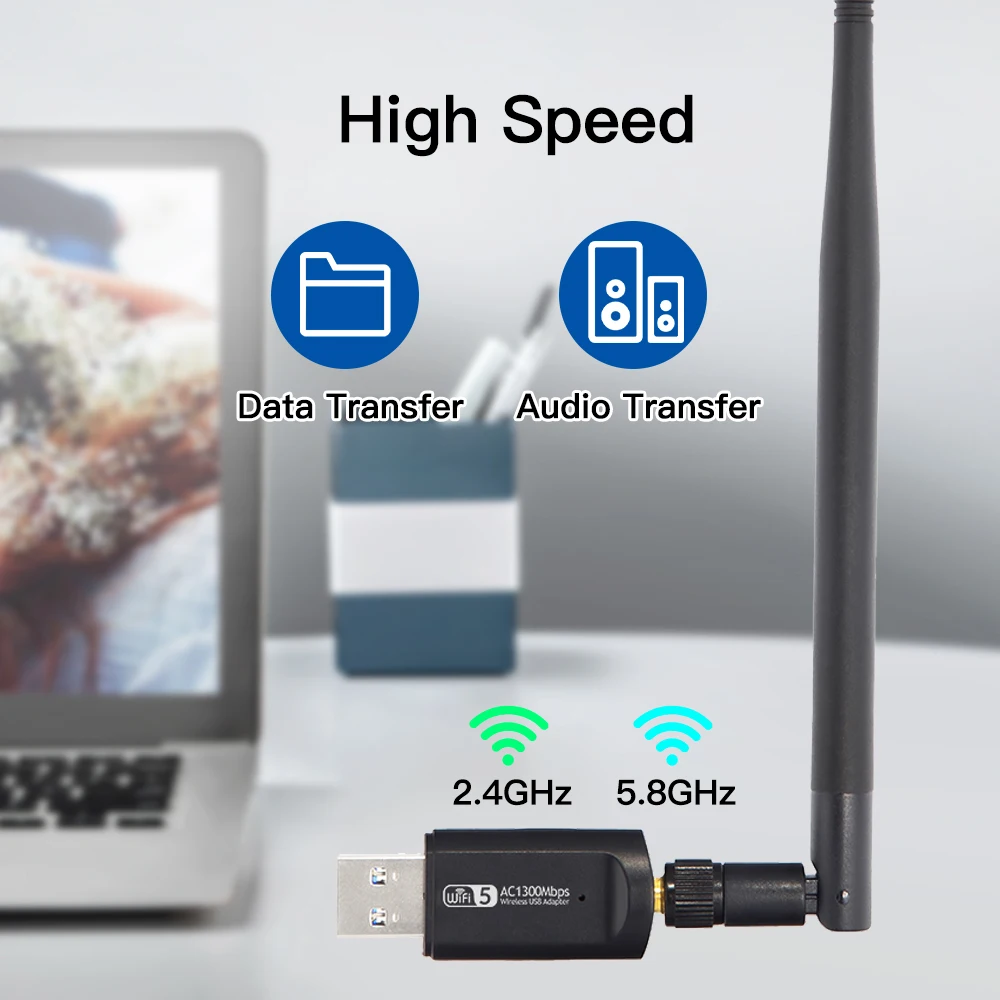 Adapter USB WiFi AC1300M dwuzakresowy bezprzewodowy odbiornik klucz sieciowy wifi usb dla PC/Laptop z antena o dalekim zasięgu dla Win10/11