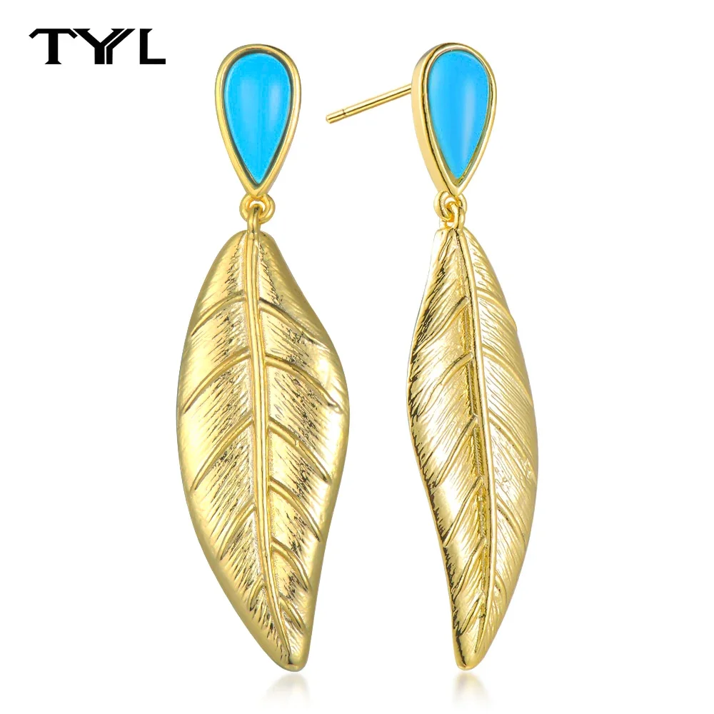 TYYL Water Drop Created Turquoise Stud Earrings Women 18K Gold Plated Silver Needle Leaf pendant Earring Party Gift Ear Jewelry