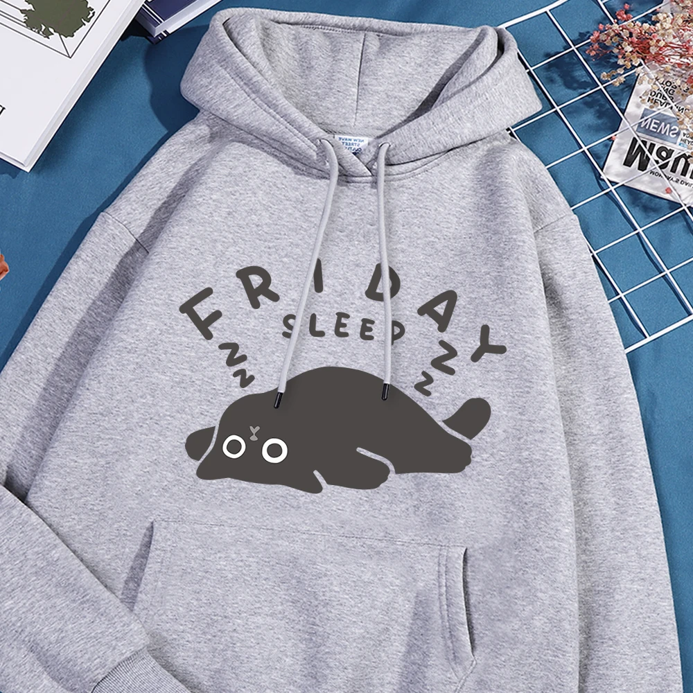 Friday Sleep Black Cat Printed Women Tracksuit Harajuku Pocket Hooded Causual Drawstring Sportwear Unique Versatile Clothing