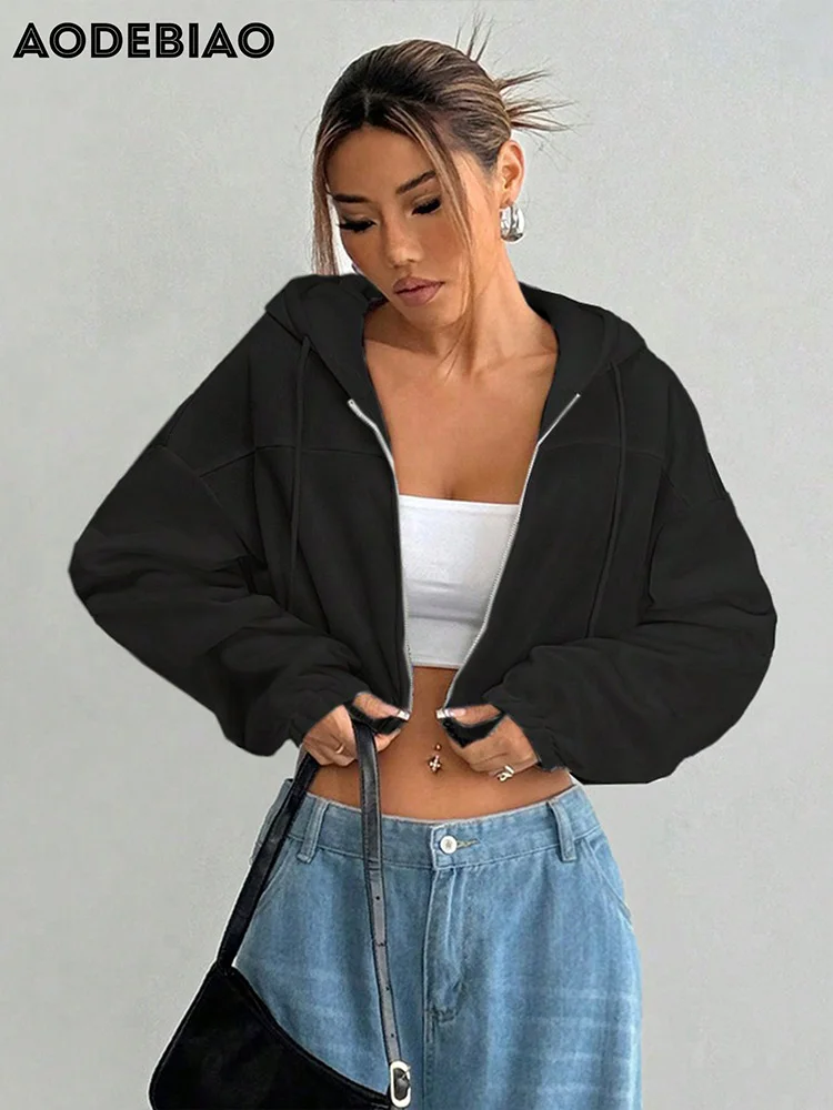 

AODEBIAO Black Gothic Hooded Coat Women Jacket Autumn Winter Long Sleeves Crop Coat Casual Sexy Knitted Jacket Women Streetwear