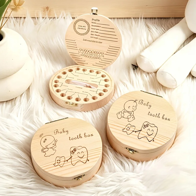 1PCS 2D Wooden Tooth Keepsake Box Tooth Commemorative Storage Teeth Fetal Hair Wooden Tooth Preservation Box Birthday Gift