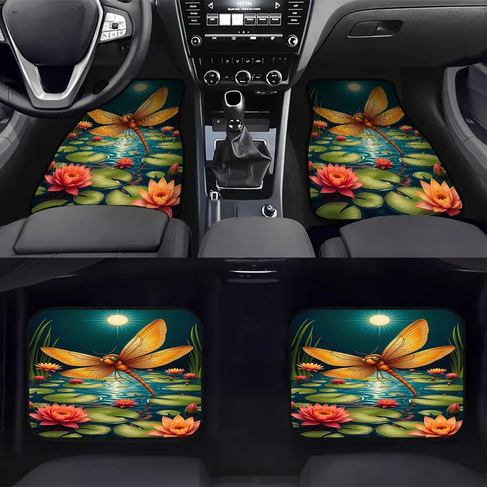 4pcs Dragonfly Pond Floral Car Mats - Durable Polyester, Cleaning-Friendly, Vibrant Floral Design With Dragonfly & For Flower Pa