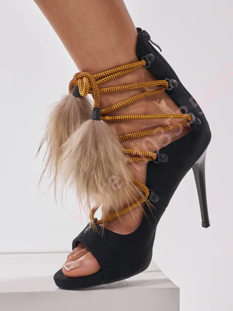 2026 Summer New Style Peep Toe Ankle Heeled Sandals Women Contrast Lace Up Fur Tassel Side Zipper Thin Stiletto Party High Heels