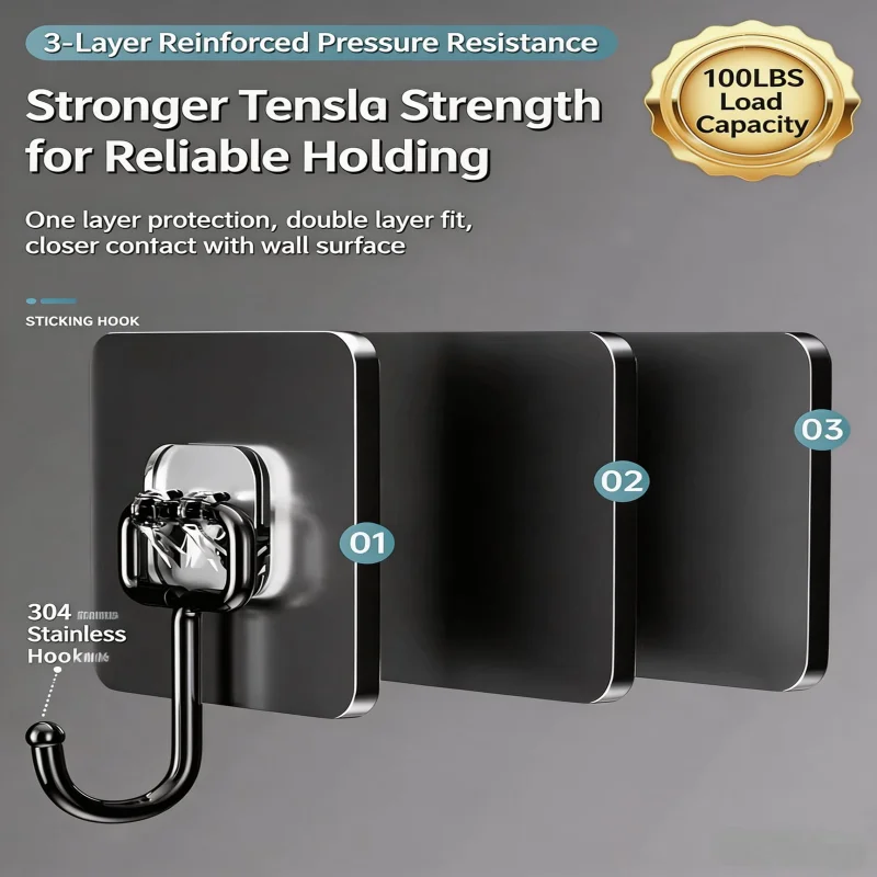 Super Strong Sticky No‑Punch Hooks, Black Large No‑Trace Wall Mount Hooks, Heavy Duty Hanging Hooks for Door Back Kitchen Bathro