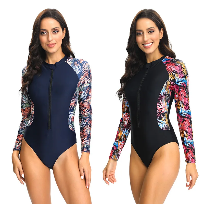 

Nadanbao Surfing Swimsuit for Women Rash Guard Long Sleeve Printed Swimwear Fashion Front Zipper One-Piece Wetsuit Beachwear