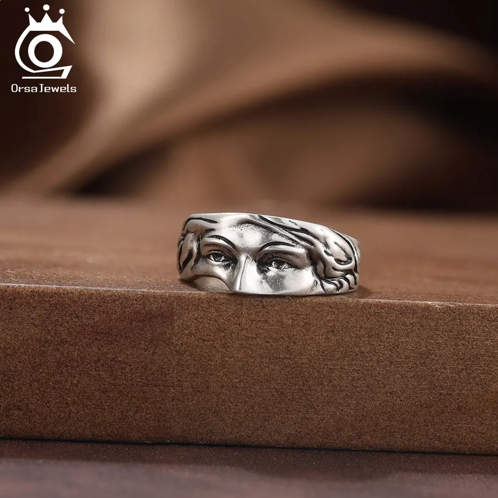 

ORSA JEWELS Oxidized Silver Creative Venus Mask Ring 925 Silver Chic Design Unisex Goddess Venus Half Mask Finger Ring NMR18