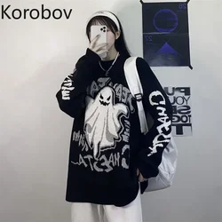 Korobov koreański, jesienny zimowy Cartoon dzianiny damskie swetry w japońskim stylu Harajuku Oversize Sueter Mujer Vintage BF bluzy Femme